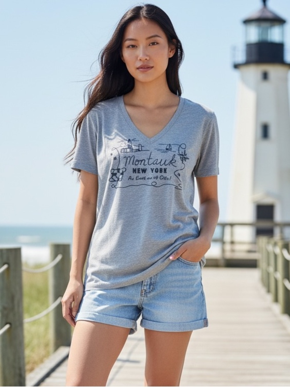 Vintage Gap Montauk New York Graphic V-Neck Tee - Heather Blue
